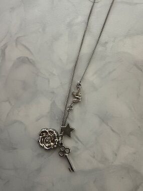 Silver Rose and Key Charm Necklace - Women's Jewelry